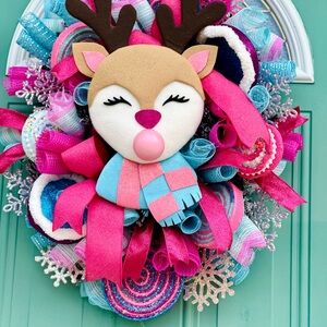 Festive Reindeer Wreath with Pink and Blue Accents